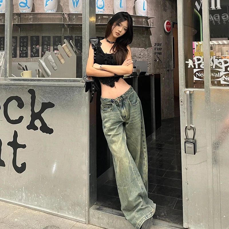Women Blue Gothic Emo Baggy Y2k Wide Jeans Vintage Grunge Jean Pants Harajuku Oversize Denim Trousers Alternative Clothes 2026